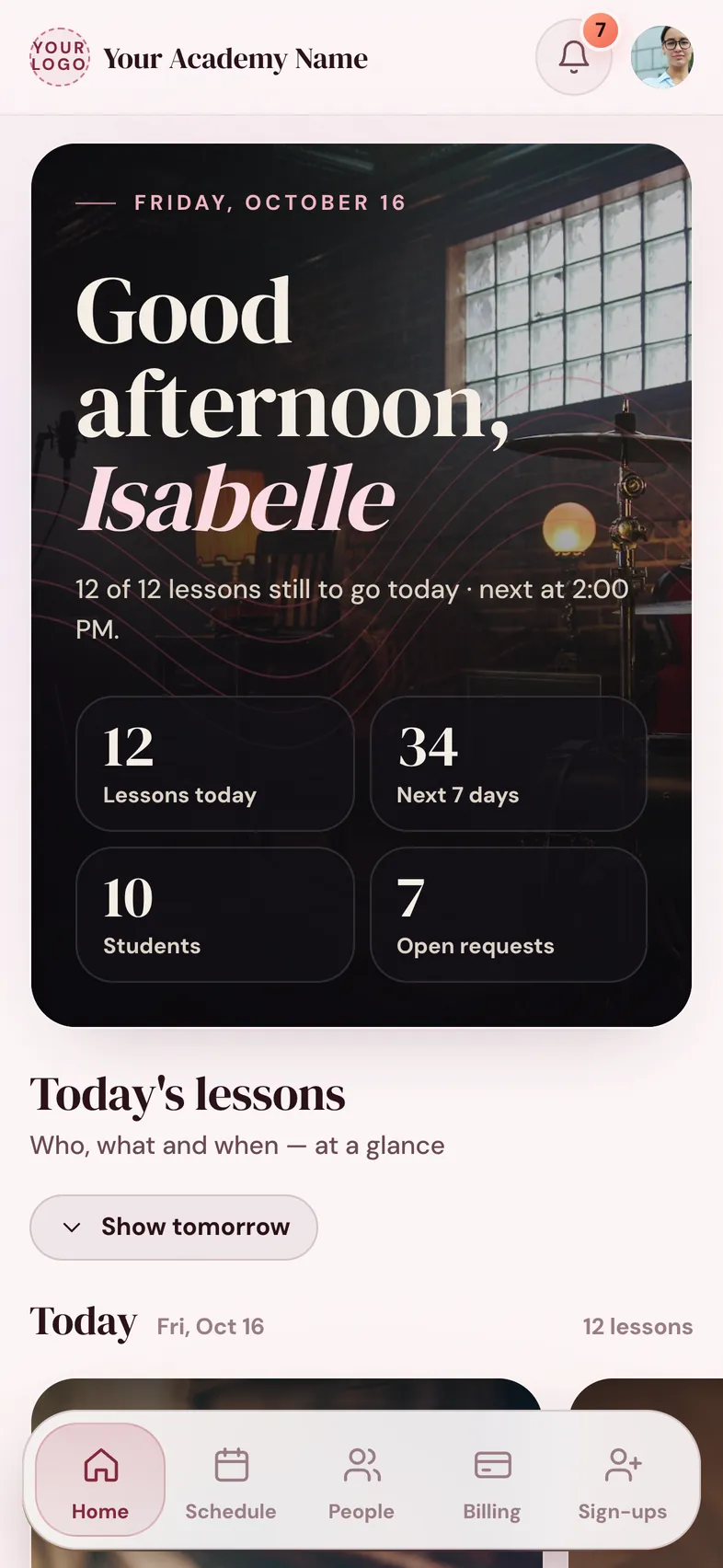 The home screen on an iPhone, in the Rosewood design