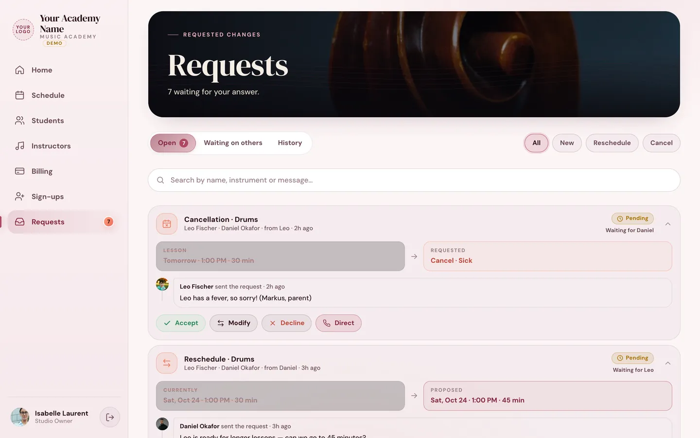 Lesson requests in the Rosewood design