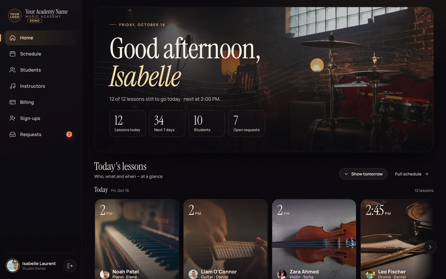 The owner's home screen on a computer, in the Concert Hall design